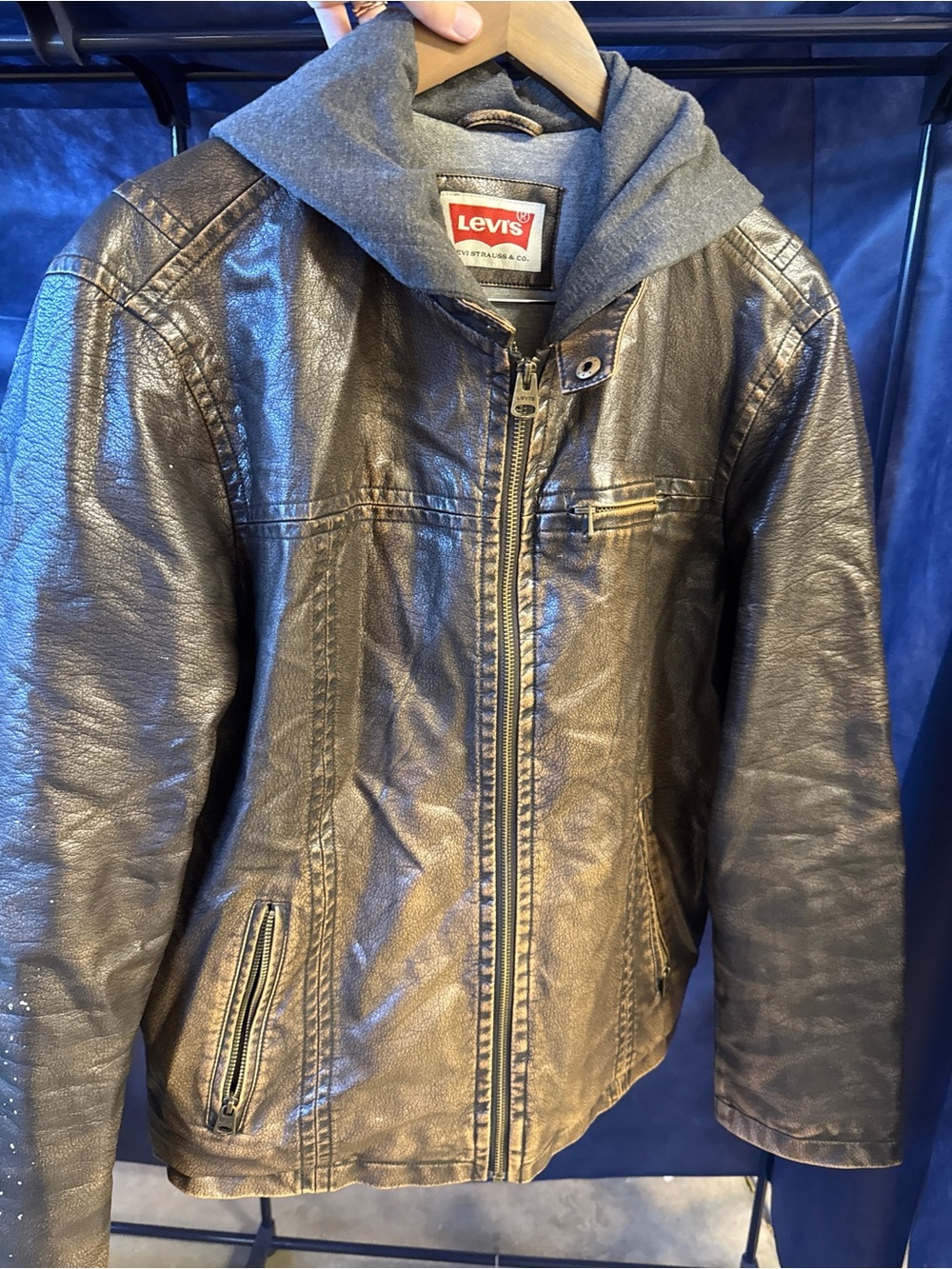 Levi's Brown Faux Leather Bomber Jacket with Gray Hood